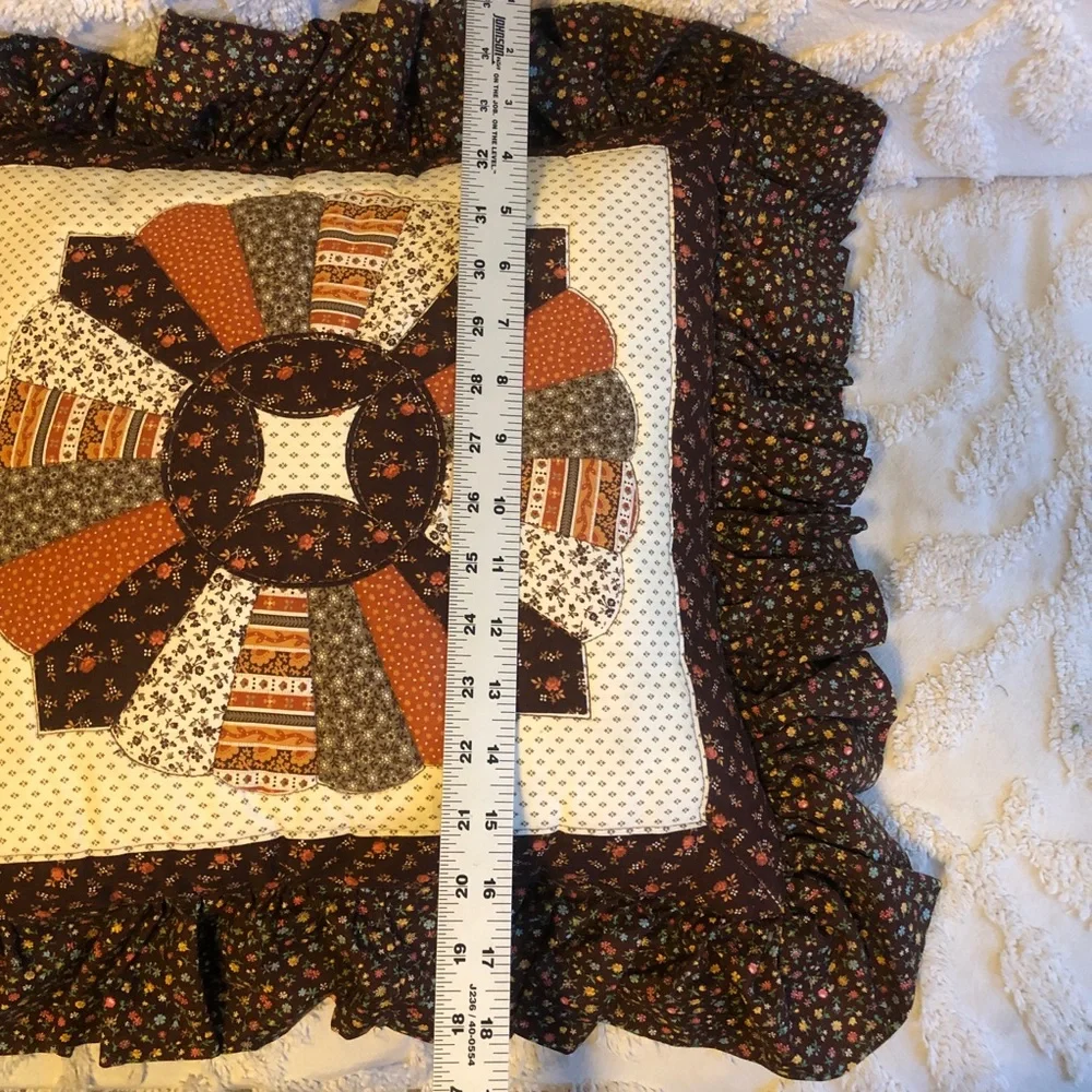 Vintage 70s Patchwork Quilted Ruffled Throw Pillow Cottage Grannycore